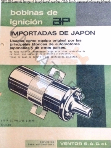 Antiguo Folleto Ap Bobina Ignición Japón Ventor - Año 1980