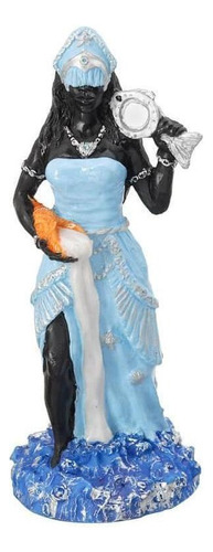 Escultura Orixá Iemanjá Negra Manto Azul Em Resina 23 Cm