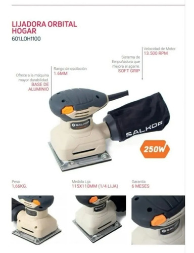 Imagen 3 de 10 de Lijadora Orbital Palma 115 X 110 Mm 250w De 1/4 Hoja Bolsa