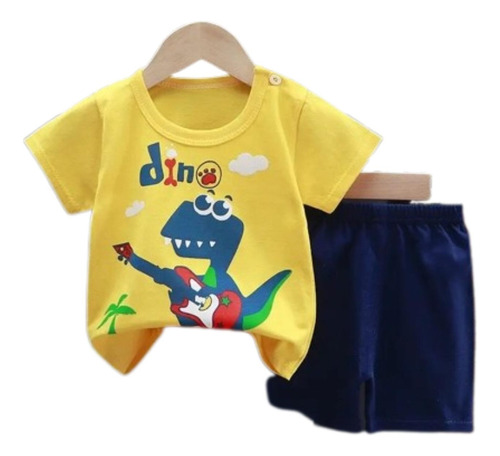 Pijama Niño Algodon Manga Corta Short Dino Musical Azul