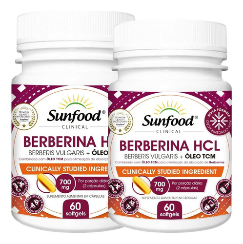 Berberina + Tcm 60 Cáps 700mg Softgels Kit 2 Potes Sunfood