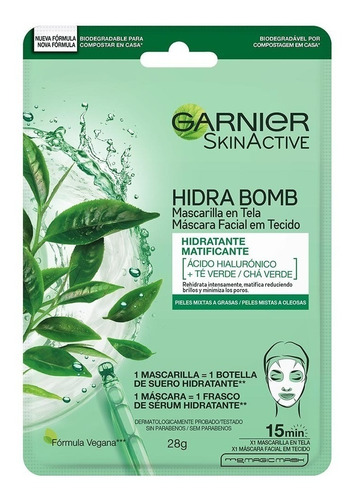 Mascarilla Facial Garnier Skinactive Hidra Bomb Con de Té Verde y Ácido Hialurónico 28g