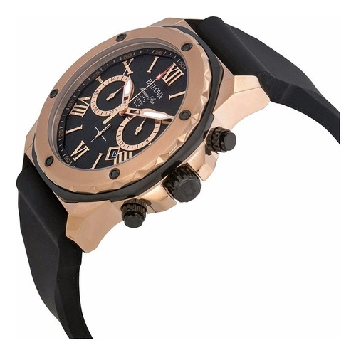 Bulova Marine Star104 Para Hombre Cronógrafo Original 98b104 Correa Negro Bisel Rosa claro Fondo Negro