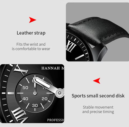 Reloj Hombre Hannah Martin 1233yh Cuero Plateado Negro Plateado Negro