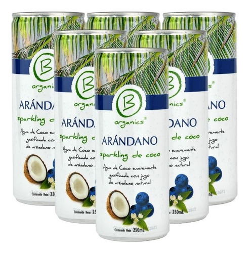 6 Pack Agua De Coco Con Gas 250ml Lima, Pomelo Y Arándanos