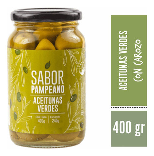 Aceitunas Verdes Con Carozo N° 0 Frasco de Vidrio 400 gramos Conserva en Salmuera Sabor Pampeano