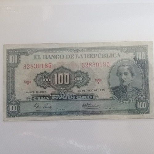 Imagen 1 de 1 de Billete De Colombia 100 Pesos 20 Julio 1965