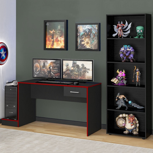 Quarto Gamer 2 Peças Com 1 Mesa Gamer, 1 Estante Cor Preto