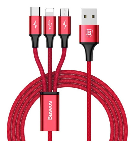 Cable USB Baseus 3 en 1, 120 cm, 3 a, para iPhone Micro tipo C, rojo