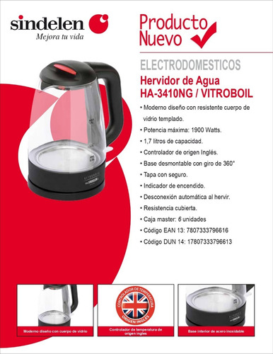Hervidor De Agua Cuerpo De Vidrio Sindelen Vitroboil Ha-3410
