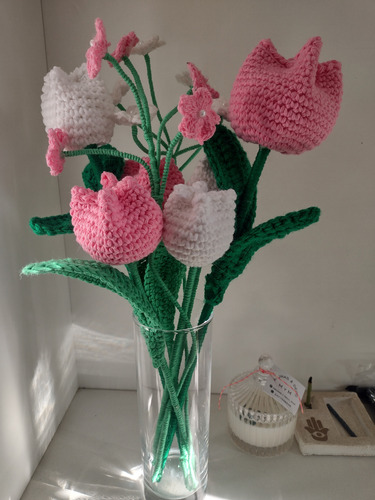 Ramo De Flores Al Crochet ...hace Tu Pedido X Más Ramos Rosa/blanco