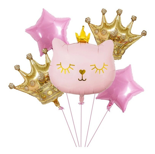 Globos Gato Cabeza Corona Estrella Metalizado Bouquet 5pzs