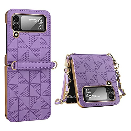 Funda Para Galaxy Z Flip 4 Cuero Labrado Cadena Larga Purple