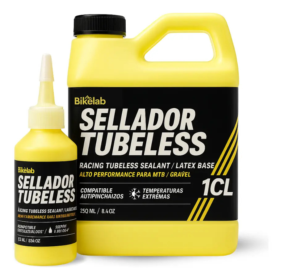 Sellador Tubeless Bikelab Racing PRO 1L + Bote aplicador de 125ml | Fórmula Látex | Sella hasta 8 mm | Alto Rendimiento MTB, Ruta y Gravel