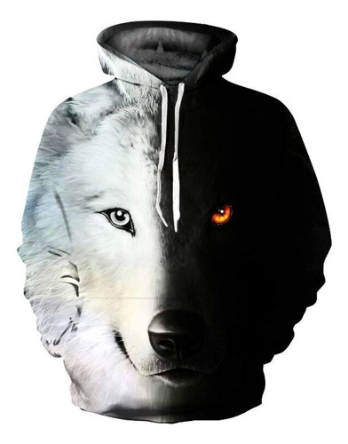 Sudadera Estampado Digital Lobo Blanco Y Negro Combinación