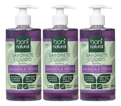 Kit 3 Sabonete Liquido Boni Natural Lavanda E Menta 500ml