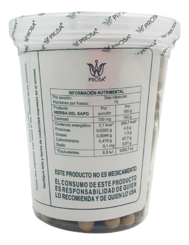 Imagen 2 de 2 de Hierba Del Sapo 150 Capsulas Prosa Envio Full