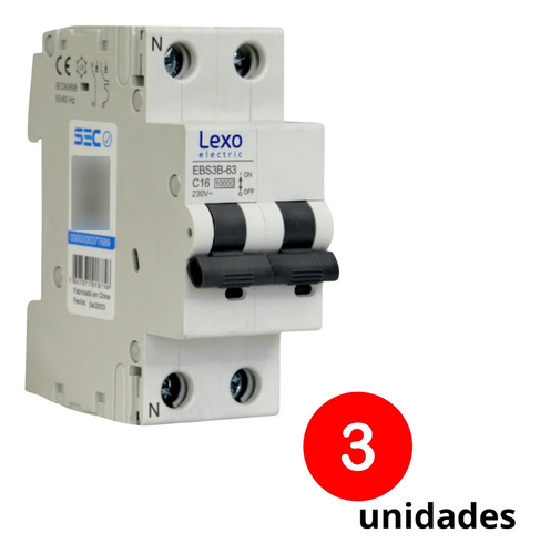 Pack 3un Automatico Bipolar Lexo 2x16a 10k C Certificado Sec