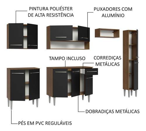 Cocina Integral Completa Modular Madesa Emilly 261cm Mn 09 Color Marrón/Negro