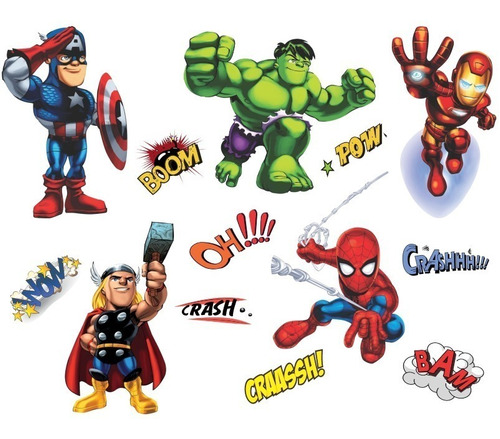 Kit 13 Adesivos Super Heróis Marvel Kids E Onomatopeias