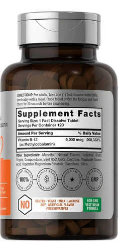 Vitamina B12 Sublingual 5000mcg 120 Tab Horbaach Bayas