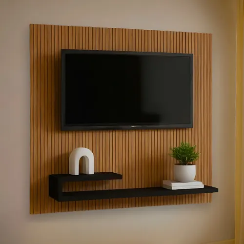 Painel Para Tv Até 32  Ripado Moderno C/ Prateleiras Organizadoras E Nicho, Preto  Macramiss Estante Tv Preto