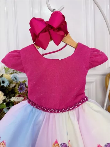 Vestido Infantil Princesa Barbie Com Laço e Glitter - Rosa