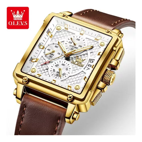 Olevs Relojes De Cuarzo Cronógrafo Cuadrado Para Hombre Color del fondo  Gold/White