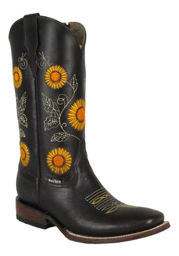 Botas Vaquera De Dama 100% Piel Bordado Girasoles Con Cierre