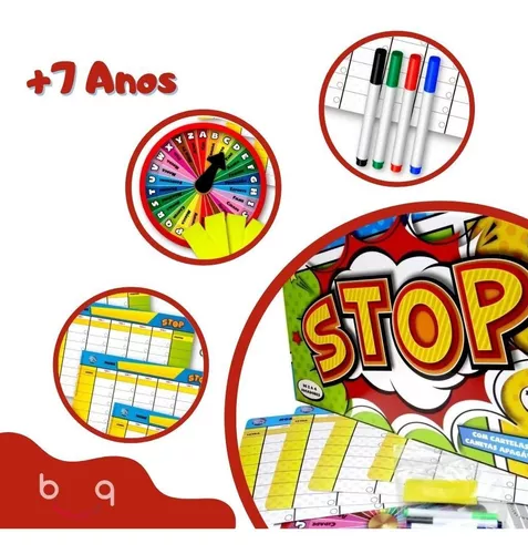 Jogo de Stop com Roleta Divertida Cartelas e Canetas Apagaveis Criança  Infantil - Camilo's Variedades