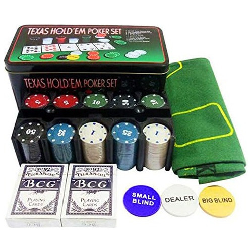 Poker Set 200 Fichas+2juegos De Naipes+paño En Caja Metálica