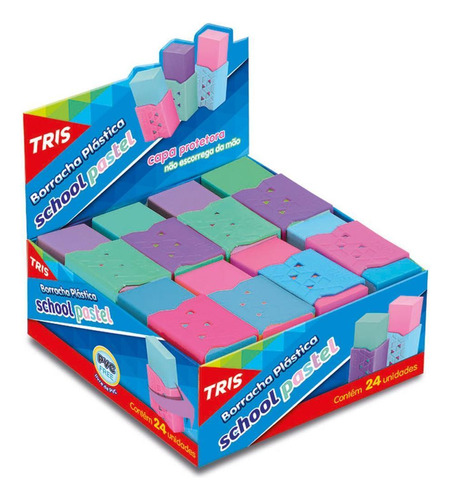 Borracha Colorida Tris School Pastel Sortidas Display Com 24