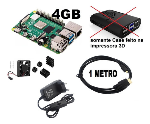 Imagem 1 de 3 de 2 ( Raspberry Pi4 4gb + Case Cabo Hdmi Cooler Fonte Usb C )