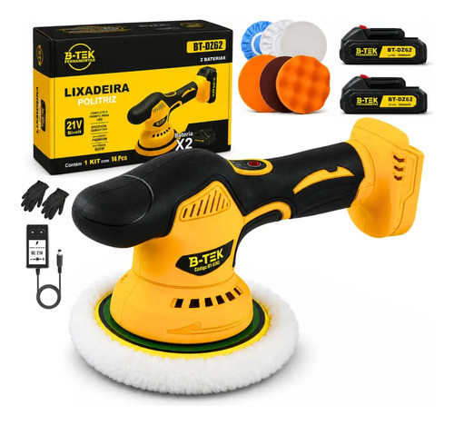 Politriz Roto Orbital a Bateria 21V Velocidade Variável 600W Estética Automotiva B-Tek BT-DZ62 | Kit Boinas Prato Polimento Carro Máquina...