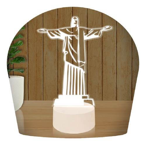 Luminária Led 3d Abajur Base Branca Cristo Redentor