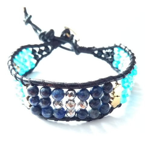 Pulsera De Piel - Lapislázuli, Hematita, Chapa De Oro 14kt
