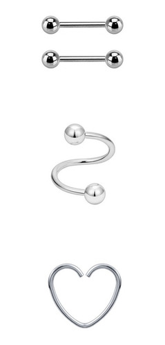 Pack 4 Aros Oreja Acero Quirurgico Corazon Twister Barbell Color Plateado