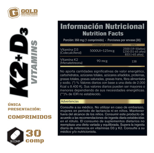 Gold Nutrition Vitaminas K2 + D3 Vegetal Suplemento 30c 3c