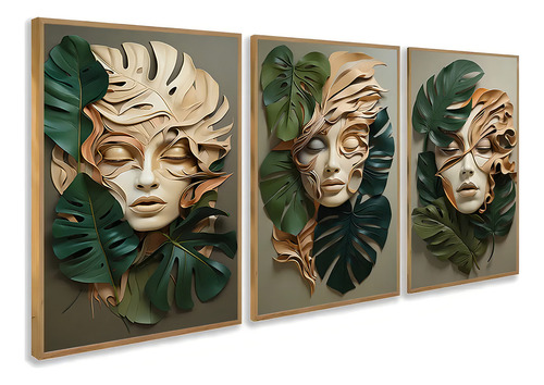 Kit 3 Quadros Mulher Abstrata Costela De Adão 43x33cm Cor Carvalho