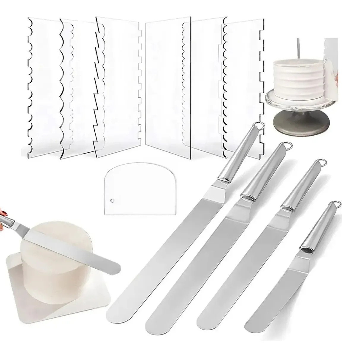 Set de 11 Cortadores y Raspadores para Pastel WEGALIFE con 4 Espátulas de Acero Inoxidable y Acrílico
