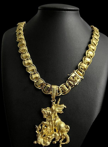Cordão Dubai 15mm Banhado A Ouro 18k + Pingente São Jorge