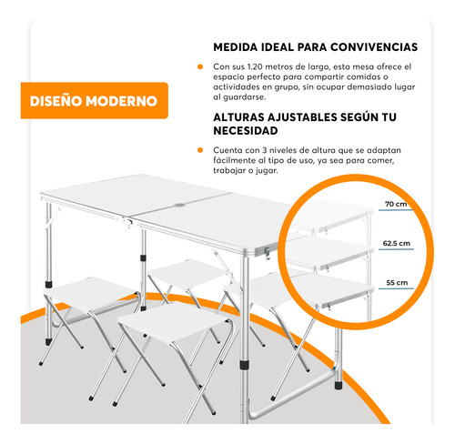 Mesa Plegable Tipo Portafolio 120cm 4 Sillas Blanco Blanco
