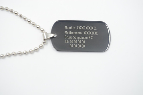 Imagen 3 de 4 de Placa Militar Negra Alerta Medica Con Láser Personalizada