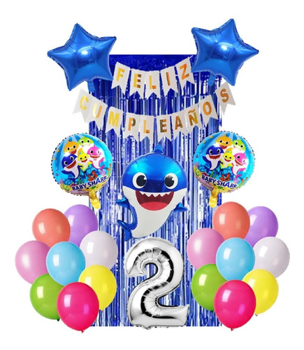 Baby Shark Globos Decoracion Cumpleaños Tiburon Azul