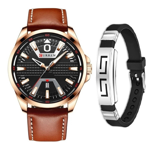 Relógio Masculino Curren Dourado Luxo + Pulseira Bracelete Cor da correia Marrom Cor do fundo Preto