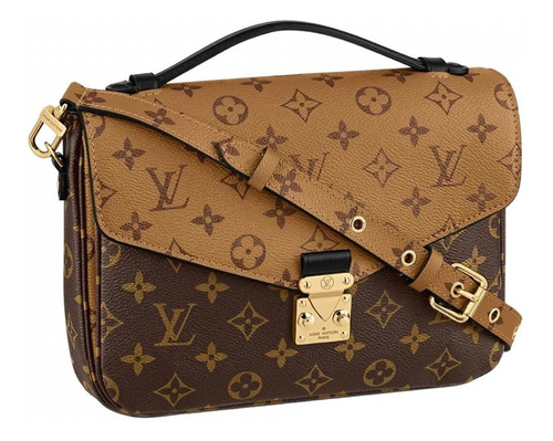 Cartera bandolera Louis Vuitton Pochette Métis diseño monogram reverse de lona  marrón claro y marrón con correa de hombro  marrón claro asas color  negro y herrajes metal