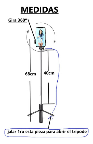 Selfie Stick Palo Tripode Con Bluetooth De 68cm