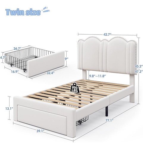 Base De Cama Enhomee C/cajón & Luces Led Individual Crema