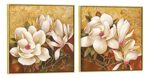 Pyradecor Grandes Flores De Magnolia Enmarcadas En Oro, 2 Pa
