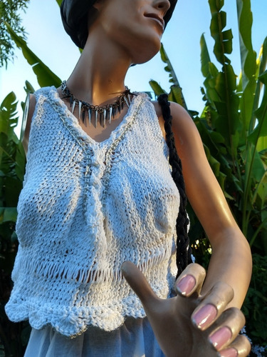 Remera Top Tejida Artesanal Algodon/saten Boho Crochet